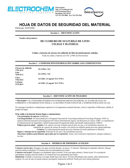 hoja de datos de seguridad del material - Electrochem Solutions