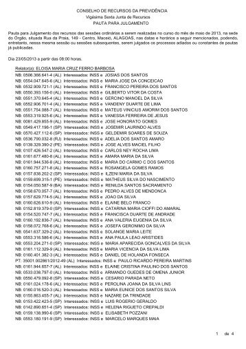 Pauta de julgamento nÂº 066 a 072 - 23/05/2013