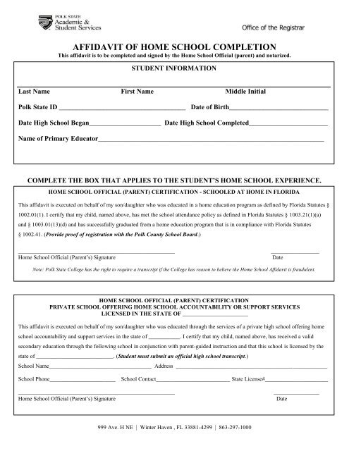 AFFIDAVIT OF HOME SCHOOL COMPLETION - Polk State College