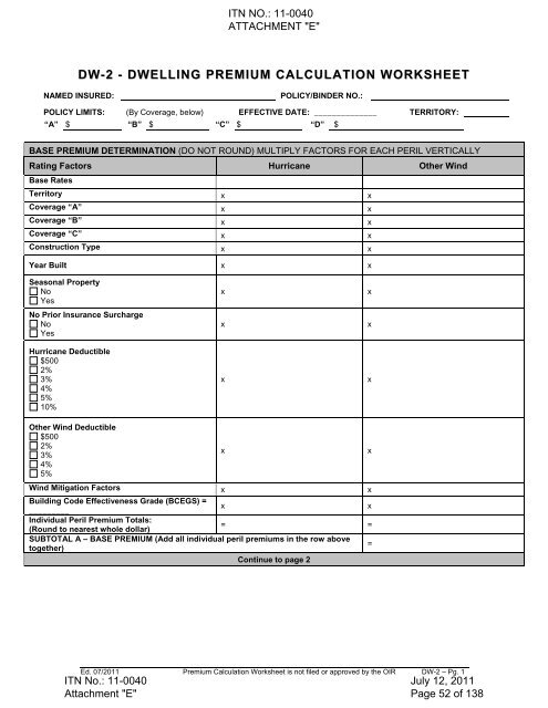 dw-2 - dwelling premium calculation worksheet - Citizens Property ...