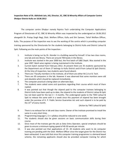 Inspction Note Inspection Note of Sh. Abhishek Jain, IAS, Director, SC, OBC ...
