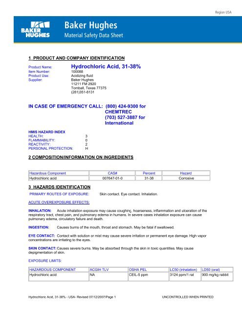 Hydrochloric Acid, 31-38% - USA - Baker Hughes