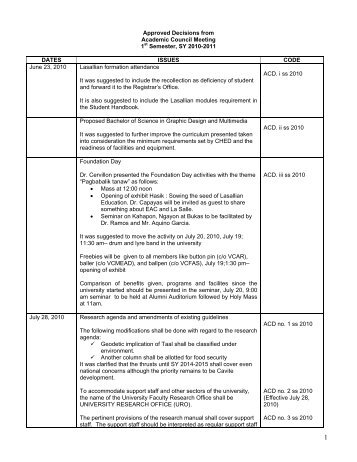 Approved Decisions from Academic Council Meeting 1st ... - DLSU-D