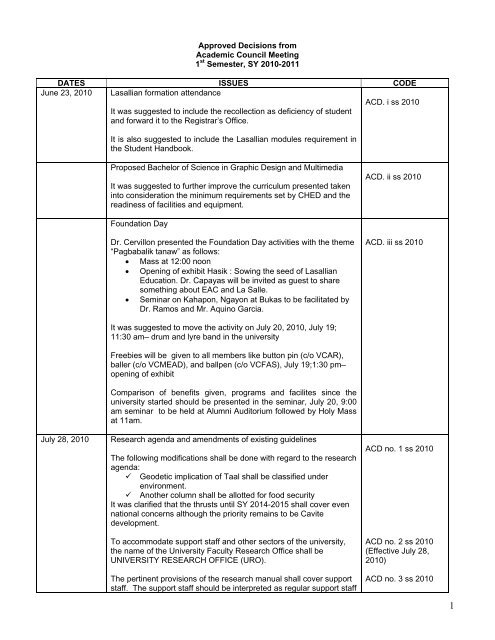 Approved Decisions from Academic Council Meeting 1st ... - DLSU-D