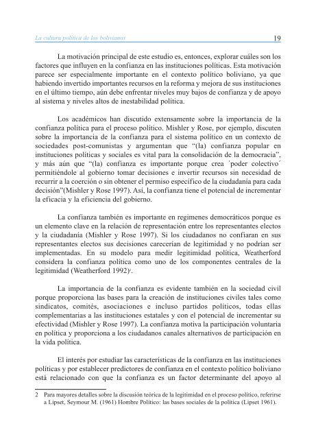 La Cultura Politica de los Bolivianos: Aproximaciones Cuantitativas