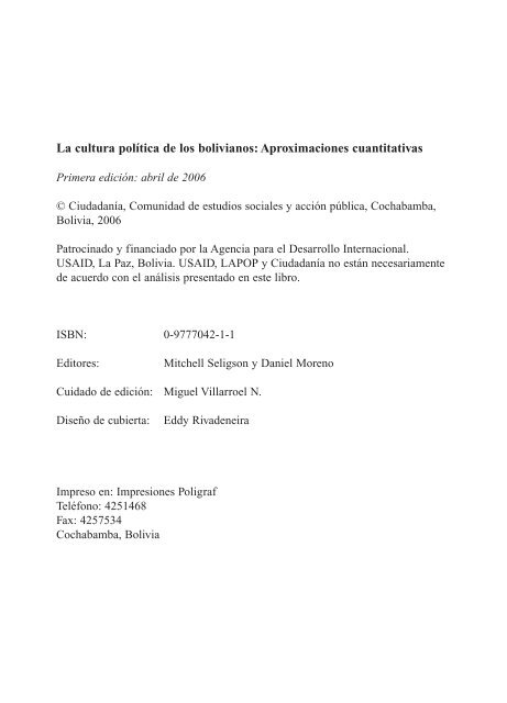 La Cultura Politica de los Bolivianos: Aproximaciones Cuantitativas