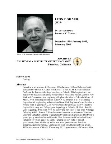 Interview with Leon T. Silver - Caltech Oral Histories