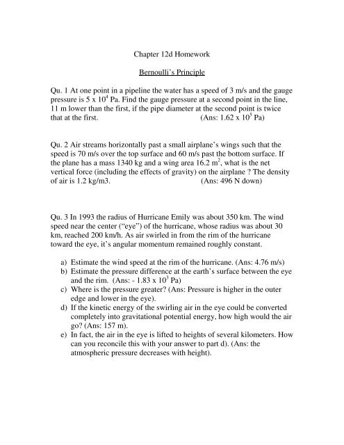 Chapter 12d Homework Bernoulli S Principle Qu 1 At One Point In A