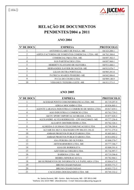 RELAÃÃO DE DOCUMENTOS PENDENTES/2004 a 2011 - Junta ...