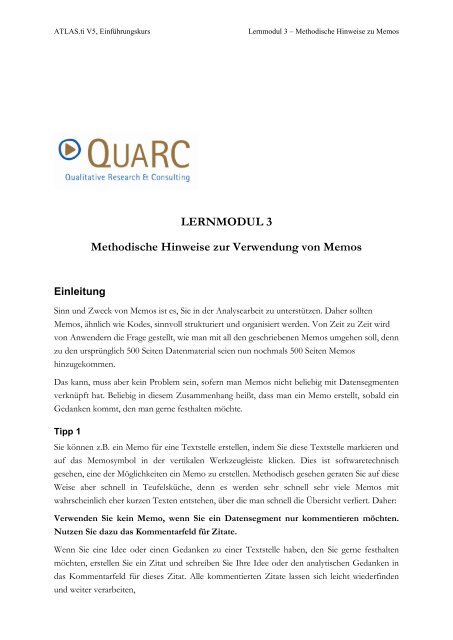 Methodische Hinweise zur Verwendung von Memos - Qualitative ...