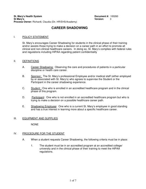 Career Shadowing Policy - St. Mary's Medical Center