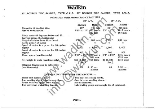 Wadkin JV JVA JW JWA Double Disc Sander Manual and Parts List