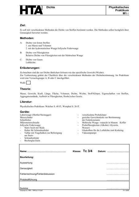 Dichte Physikalisches Praktikum M1-1 Ziel: Methoden ... - hknoll.ch