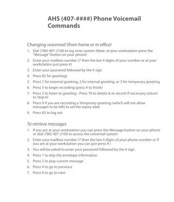 AHS (407-####) Phone Voicemail Commands