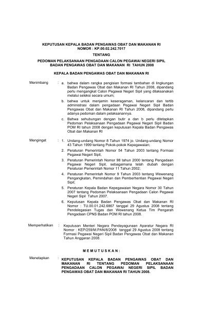 Keputusan Sekretaris Utama Badan Pengawas Obat Badan Pom