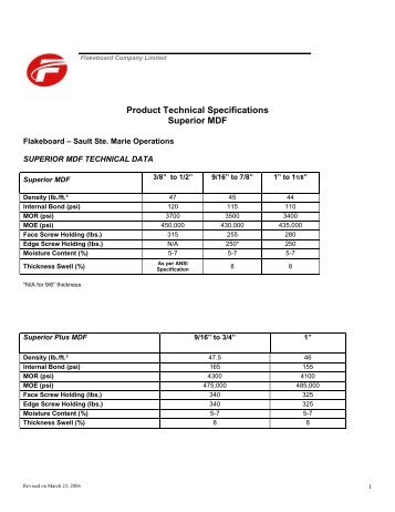 Product Technical Specifications Superior MDF - Flakeboard