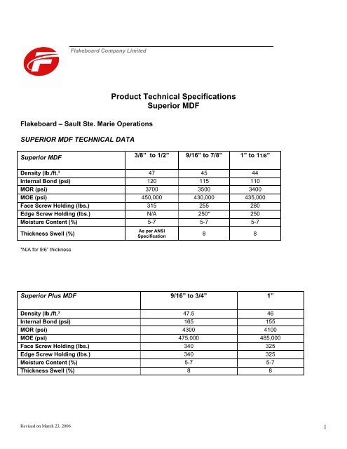 Product Technical Specifications Superior MDF - Flakeboard