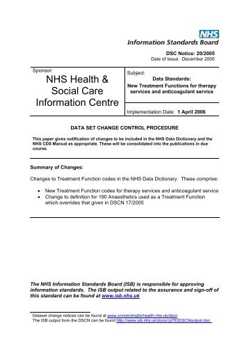 New Treatment Functions for - Information Standards Board for ...