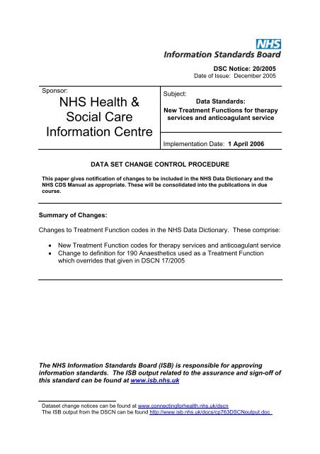 New Treatment Functions for - Information Standards Board for ...