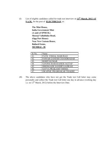 (I) List of eligible candidates called for trade test interview on 13 ...