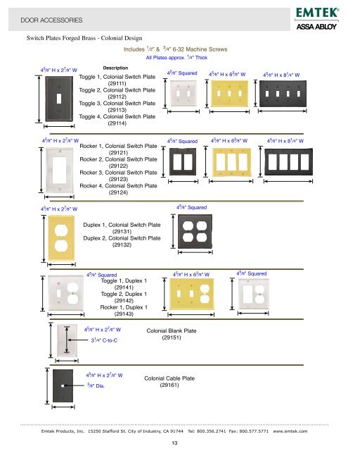 Door Accessories Dimensions/Specifications - Emtek