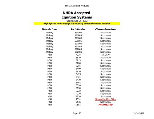 NHRA Accepted Products Table of Contents - NHRA.com