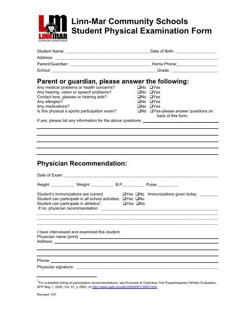 Linn-mar Community Schools Student Physical Examination Form