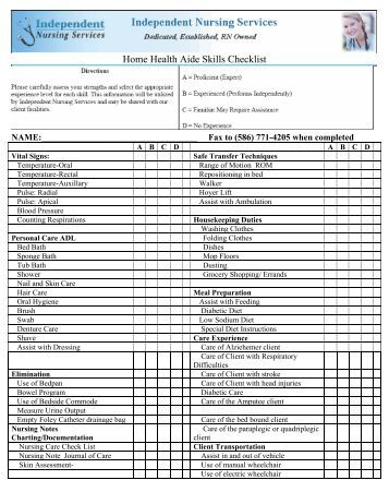 Generic Nurse Aide Clinical Skills Checklist - Prometric