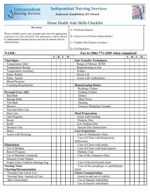 Home Health Aide Skills Checklist - haspi