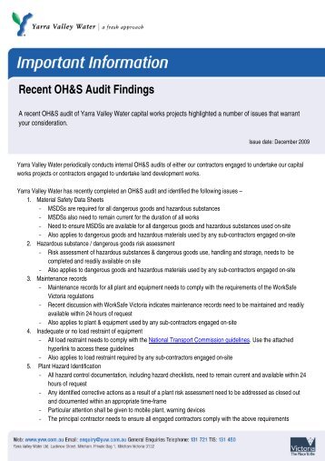 Recent OH&S Audit findings - Yarra Valley Water