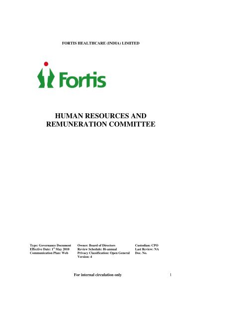 human resources and remuneration committee - Fortis Healthcare