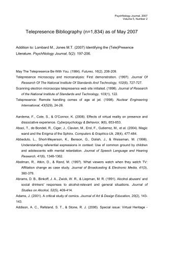 Telepresence Bibliography (n=1,834) as of May 2007 - Psychnology