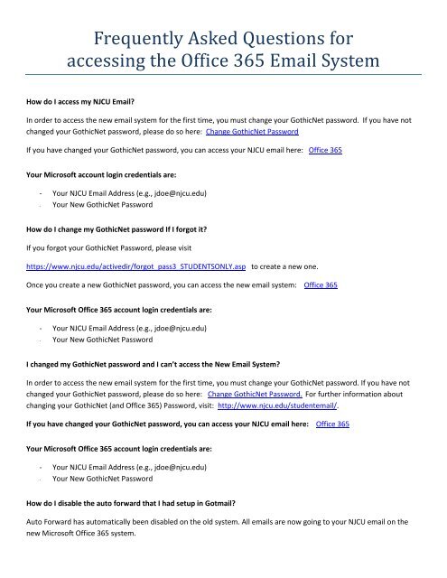 Frequently Asked Questions for accessing the Office 365 Email System