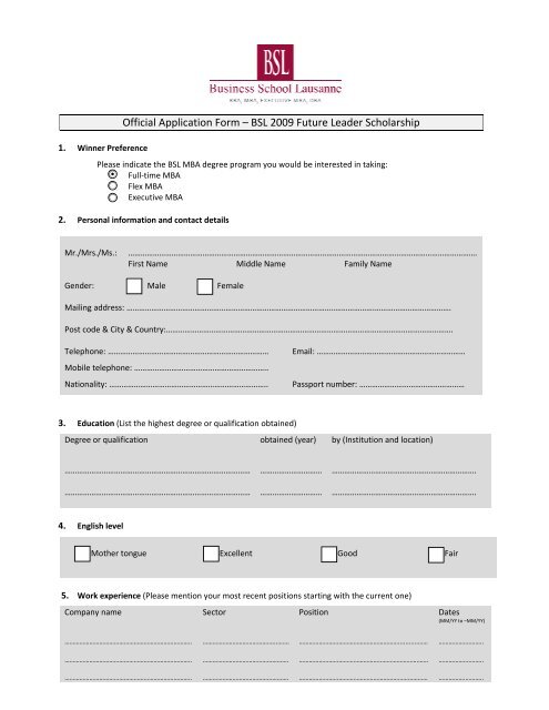 Official Application Form Ã¢Â€Â“ BSL 2009 Future Leader ... - WiWi-Online