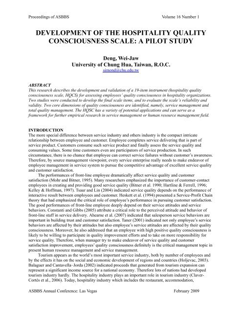 development of the hospitality quality consciousness scale - Asbbs.org