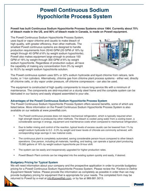 Powell Continuous Sodium Hypochlorite Process System