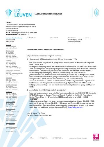 Onderwerp: Attest van norm-conformiteit - UZ Leuven