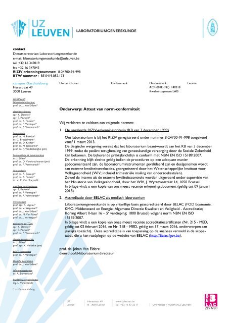 Onderwerp: Attest van norm-conformiteit - UZ Leuven