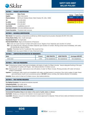 material safety data sheet sklar polish - Sklar Surgical Instruments