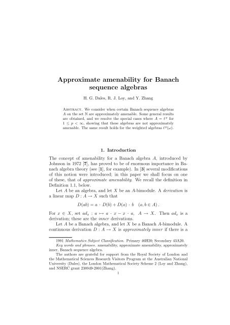 Approximate amenability for Banach sequence algebras - CiteSeerX