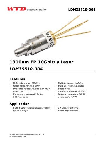 1310nm FP 10Gbit/s Laser LDM3S510-004 Features