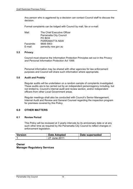 Restricted Premises Enforcement Policy - Parramatta City Council