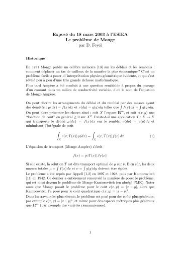 ExposÃ© du 18 mars 2003 `a l'ESIEA Le probl`eme de Monge par D ...