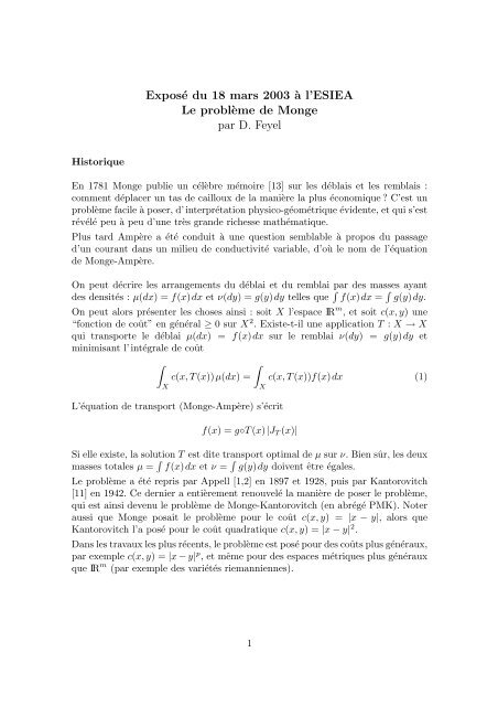 ExposÃ© du 18 mars 2003 `a l'ESIEA Le probl`eme de Monge par D ...