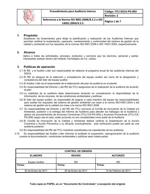 Procedimiento para AuditorÃ­a Interna CÃ³digo: ITCJ-SGCA-PG-003 ...
