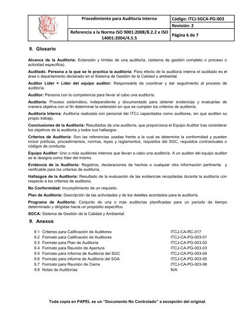 Procedimiento para AuditorÃ­a Interna CÃ³digo: ITCJ-SGCA-PG-003 ...