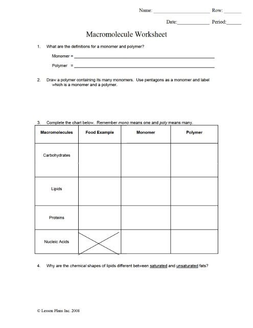 Macromolecule Worksheet Macromolecule Worksheet