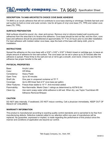 TA 9640 Specification Sheet - T and A Supply Company, Inc.