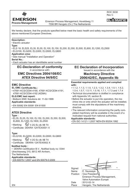 EC-Declaration of conformity EMC Directives 2004/108/EC ATEX ...