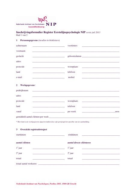 Inschrijvingsformulier Register Eerstelijnspsychologie NIP versie juli ...